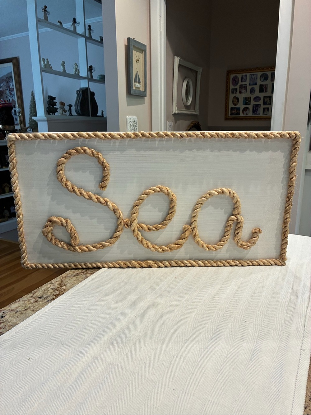 Coastal Wood and Rope "Sea" Wall Sign - Natural Rope on White